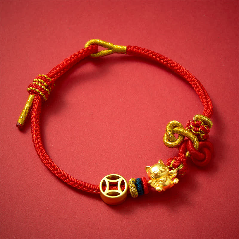 Buddha Stones Golden Lucky Cat Red String Protection Braided Bracelet - image 4