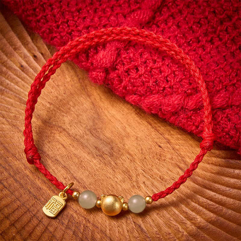 Buddha Stones Hetian Jade Fu Character Copper Cat Red String Bracelet - Red String(Protection ♥ Luck) - image 0