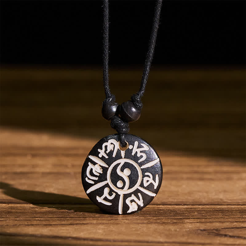 Buddha Stones Hand Carved Bone Bead Om Mani Padme Hum Yin Yang Protection Necklace - image 4