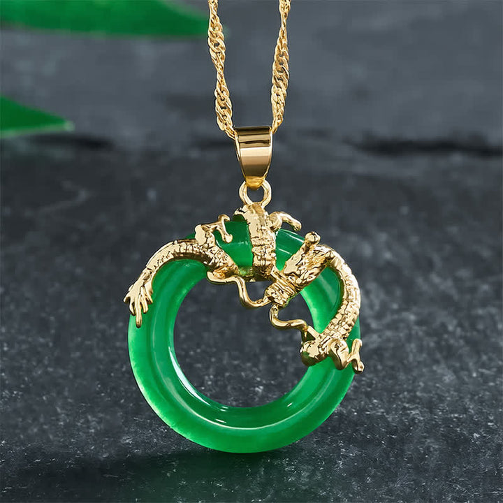 Buddha Stones Jade Dragon Round Pendant Protection Necklace - Golden - image 0