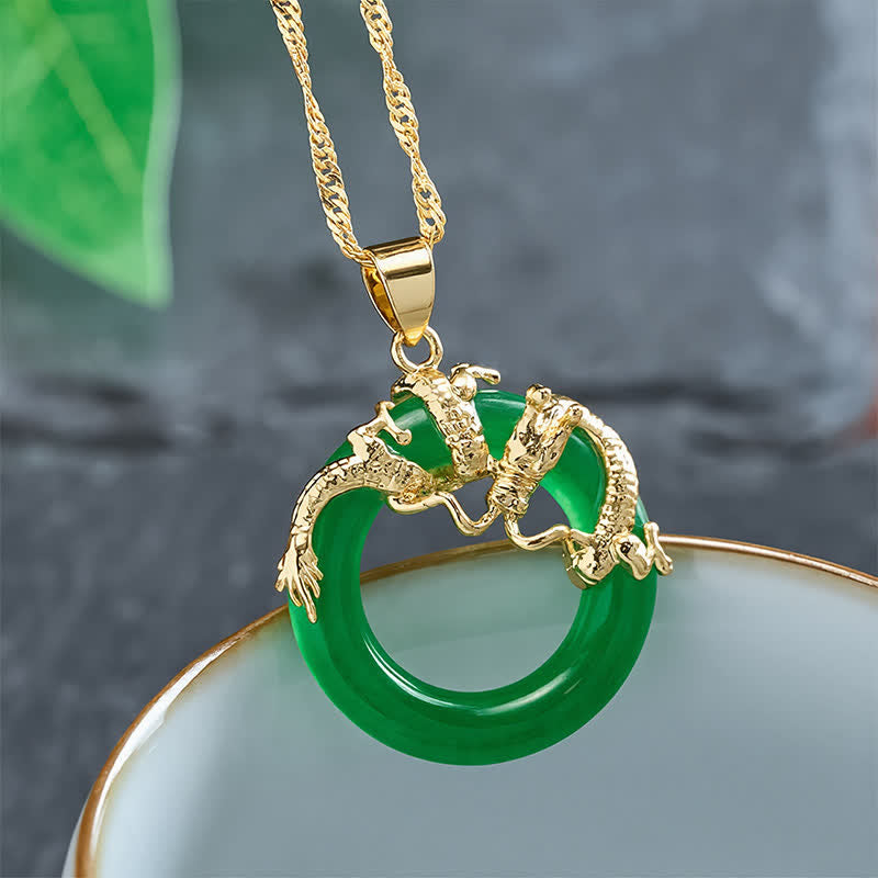 Buddha Stones Jade Dragon Round Pendant Protection Necklace - image 1