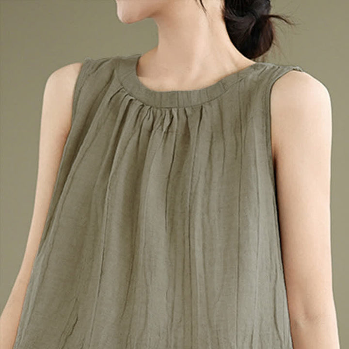 Buddha Stones Summer Wrinkles Simple Design Crew Neck Women's Sleeveless Vest Waistcoat - image 4