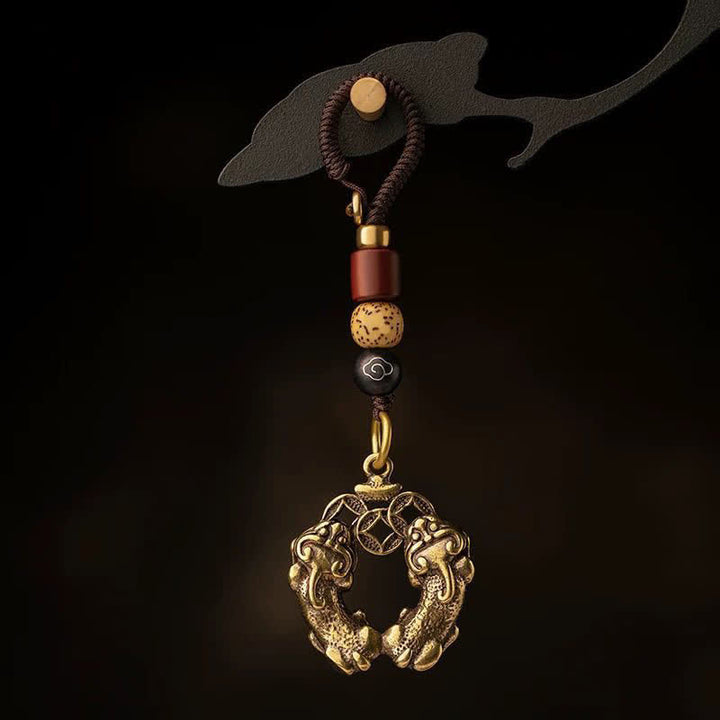 Buddha Stones Vintage Double Pi Xiu Chinese Coin Wealth Brass Keychains - Pi Xiu Chinese Coin Keychains(Pendant Size：Approx. 30*20mm) - image 0