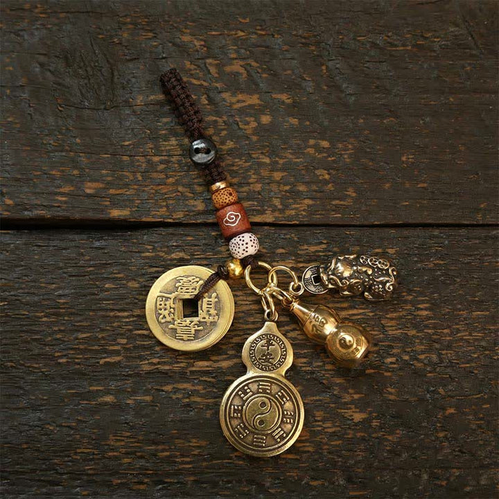 Buddha Stones Brass Bagua Gourd Pi Xiu Five Emperor Coins Pendant Protection Amulet Keychains - Two Models Of Bagua Gourds With Pi Xiu And Five Emperor Coins - image 4