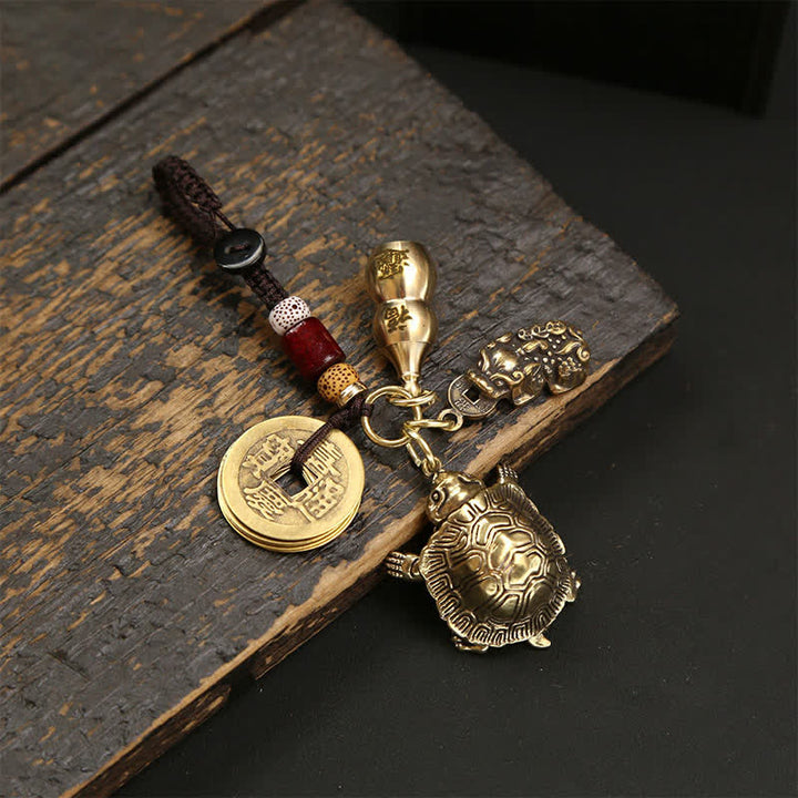 Buddha Stones Articulated Brass Turtle Prosperity Charm Keychains - Articulated Turtle With Gourd Five Emperor Coins And Pi Xiu - image 4