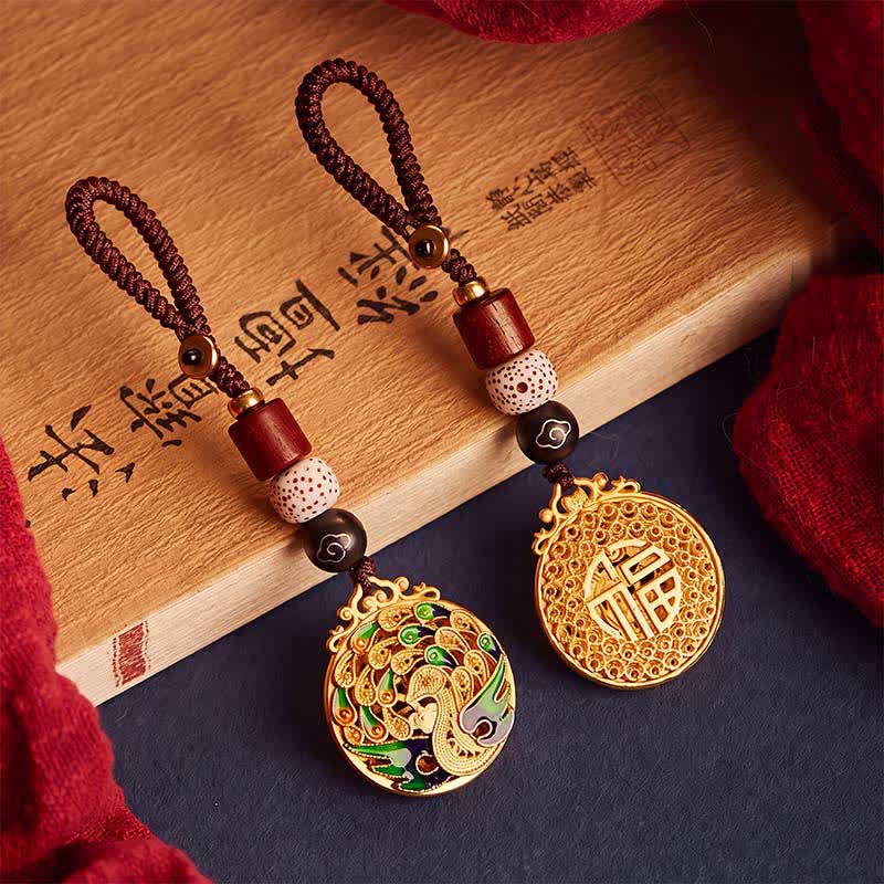 Buddha Stones Vintage Peacock Fu Character Copper Charm Keychains - image 0