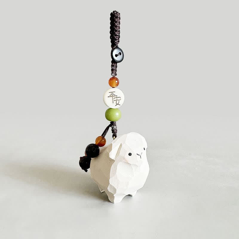 Buddha Stones Linden Wood Lamb Om Mani Padme Hum Plum Bossom Hand-carved Keychains - Lamb - Peace Tag - image 3