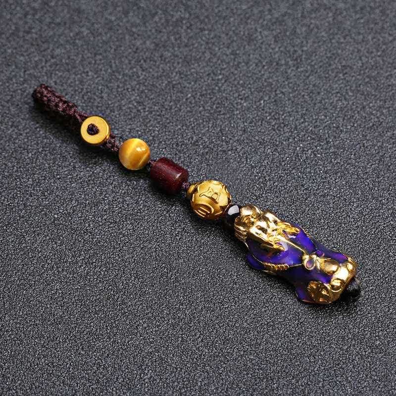 Buddha Stones Brass Color Change Pi Xiu Wealth Energy Braided Rope Car Keychains - image 1