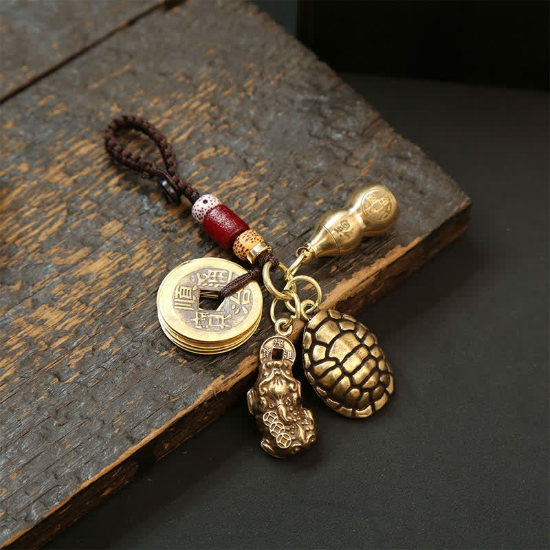Buddha Stones Brass Turtle Pi Xiu Five Emperor Coins Protection Keychains - Turtle Gourd Pi Xiu Five Emperor Coins - image 18