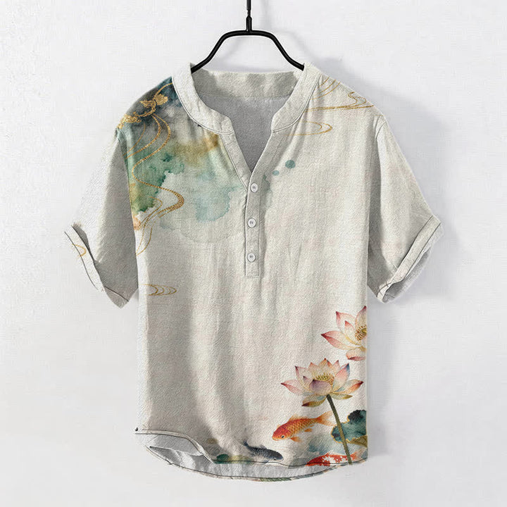Buddha Stones Cotton Koi Fish Lotus Pattern Men's Short Sleeve Half Button Shirt - Linen - US/UK/AU50，EU60 (5XL) - image 0