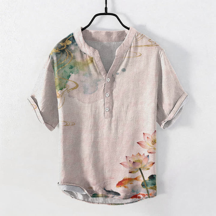 Buddha Stones Cotton Koi Fish Lotus Pattern Men's Short Sleeve Half Button Shirt - LavenderBlush - US/UK/AU50，EU60 (5XL) - image 5