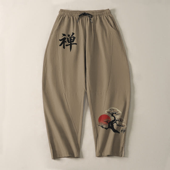 Buddha Stones Pure Cotton Zen Bonsai Sunset Pattern Drawstring Men's Tapered Pants With Pockets - image 13