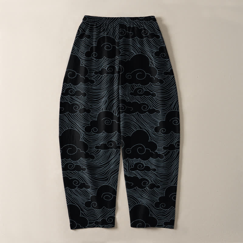 Buddha Stones Pure Cotton Japanese Cloud Wave Pattern Drawstring Men's Tapered Pants With Pockets - image 3