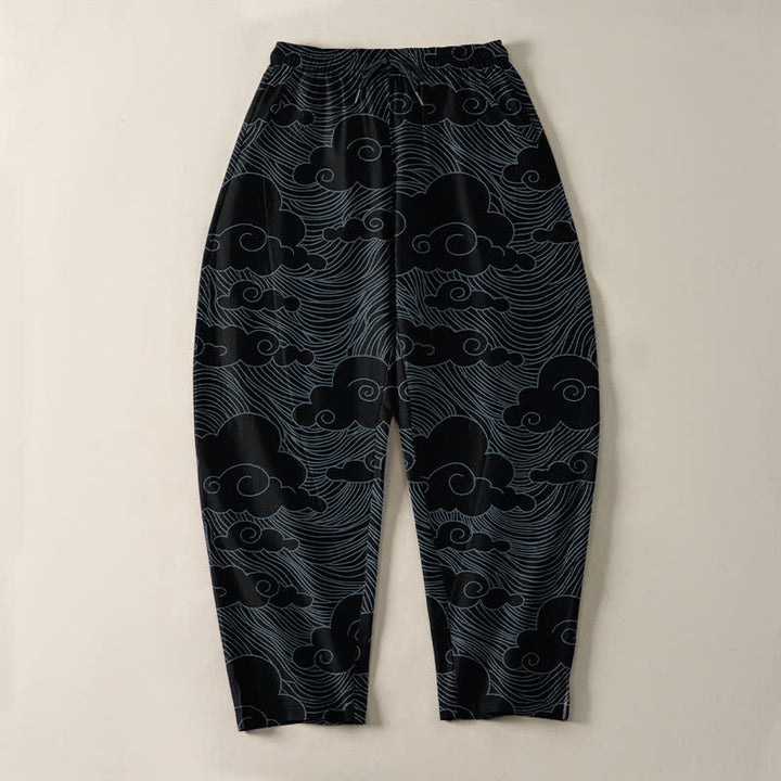 Buddha Stones Pure Cotton Japanese Cloud Wave Pattern Drawstring Men's Tapered Pants With Pockets - image 2