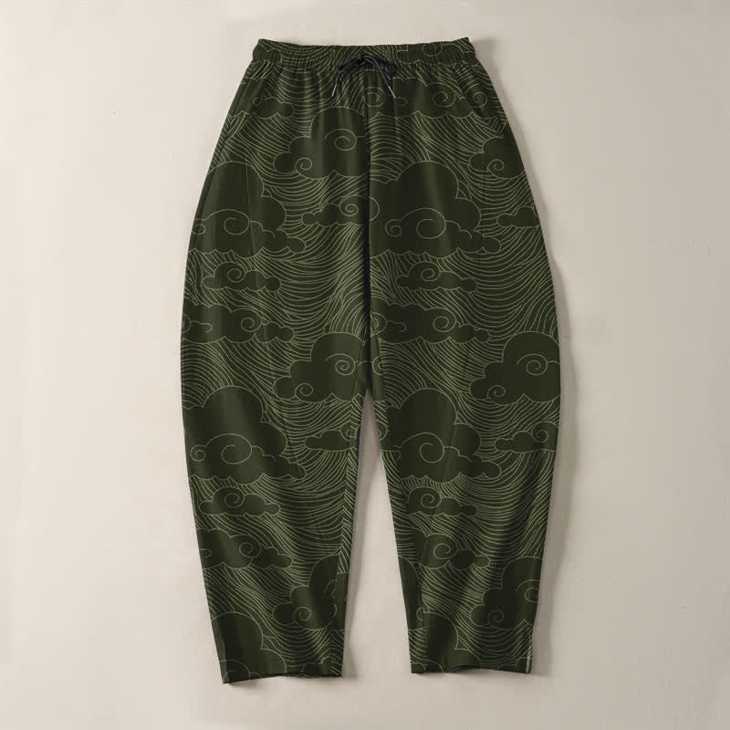 Buddha Stones Pure Cotton Japanese Cloud Wave Pattern Drawstring Men's Tapered Pants With Pockets - image 9