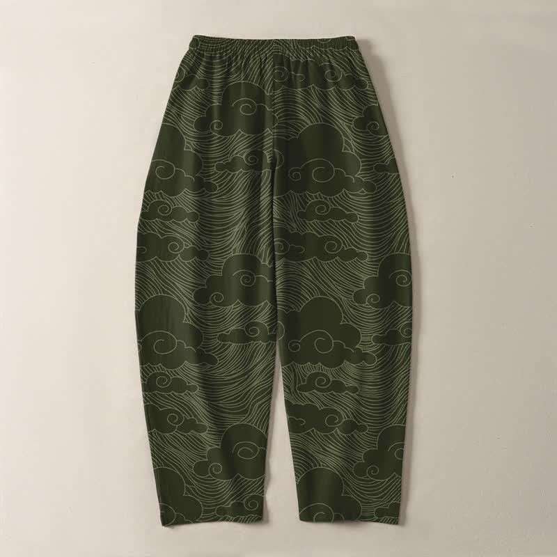 Buddha Stones Pure Cotton Japanese Cloud Wave Pattern Drawstring Men's Tapered Pants With Pockets - image 10