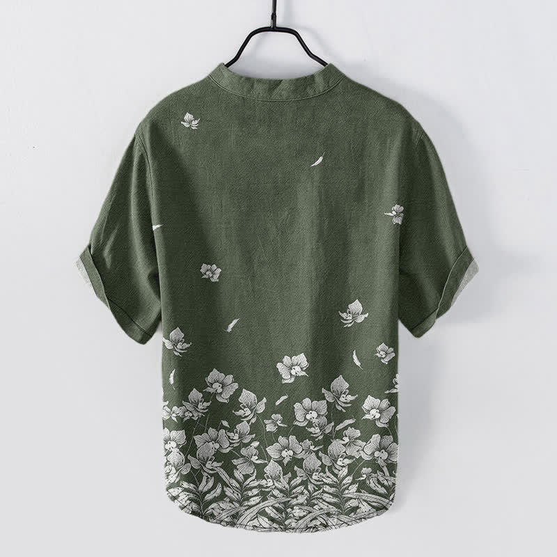 Buddha Stones Cotton White Floral Hem Pattern Men's Short Sleeve Half Button Shirt - image 8