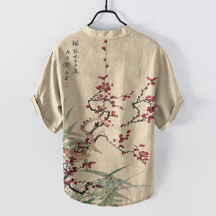 Buddha Stones Cotton Plum Blossom Bamboo Pattern Men's Short Sleeve Half Button Shirt - image 6