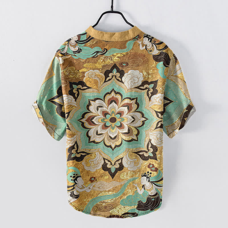 Buddha Stones Cotton Mandala Lotus Pattern Men's Short Sleeve Half Button Shirt - image 1