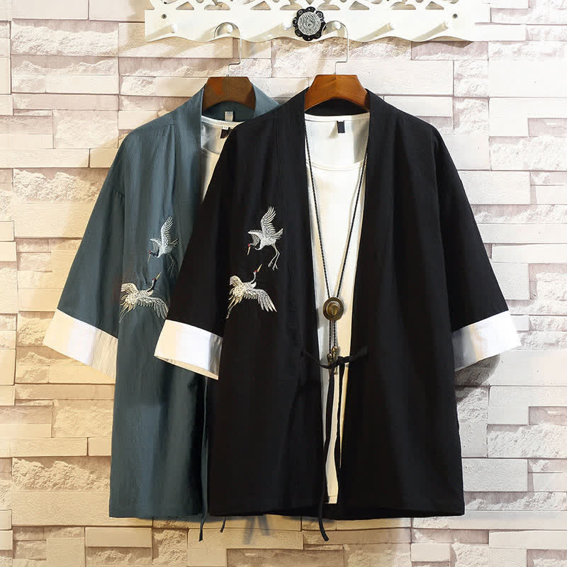 Buddha Stones Spring Summer Casual Vintage Embroidery Crane Men's Elbow-Length Sleeve Kimono - image 35