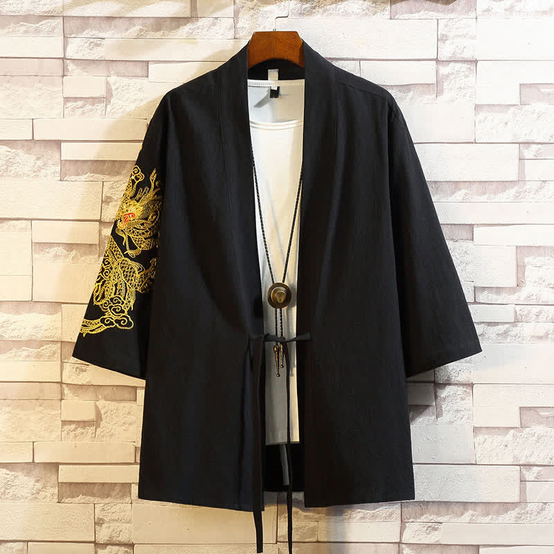 Buddha Stones Spring Summer Casual Vintage Embroidery Crane Men's Elbow-Length Sleeve Kimono - Black Dragon - US/UK/AU46, EU56 (5XL) - image 15