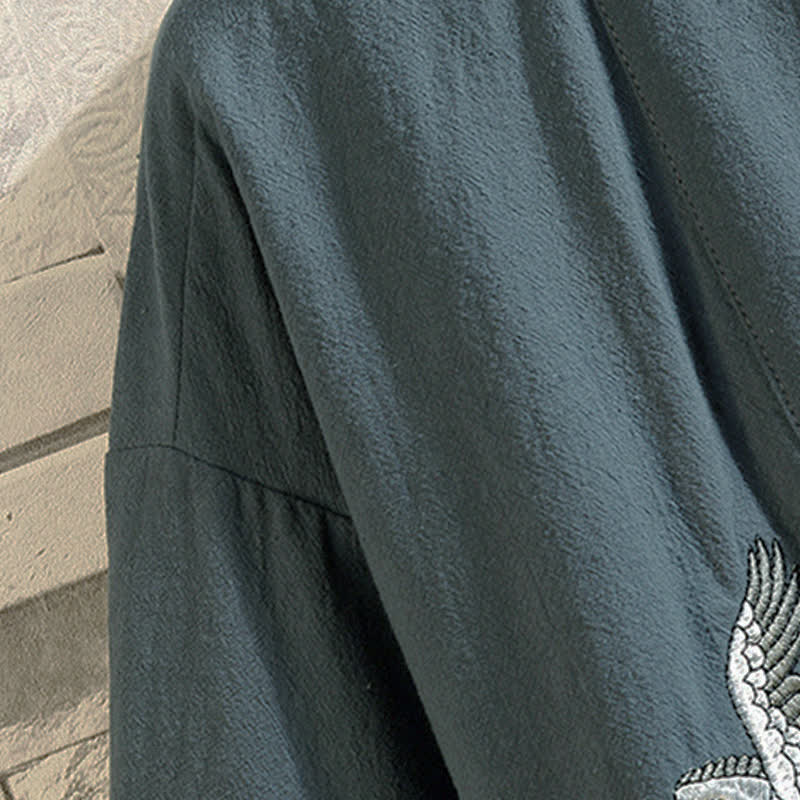 Buddha Stones Spring Summer Casual Vintage Embroidery Crane Men's Elbow-Length Sleeve Kimono - image 4