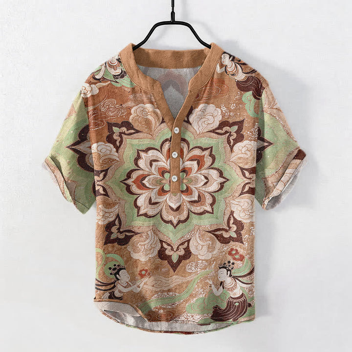 Buddha Stones Cotton Mandala Lotus Pattern Men's Short Sleeve Half Button Shirt - BurlyWood - US/UK/AU50，EU60 (5XL) - image 7