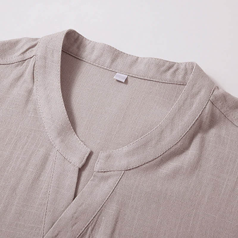 Buddha Stones Summer Casual Tang Style Mandarin Collar Solid Cotton Linen Men's Short Sleeve Shirts With Pocket - image 3