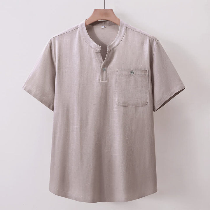 Buddha Stones Summer Casual Tang Style Mandarin Collar Solid Cotton Linen Men's Short Sleeve Shirts With Pocket - LightGray - US/UK/AU46, EU56 (5XL) - image 1