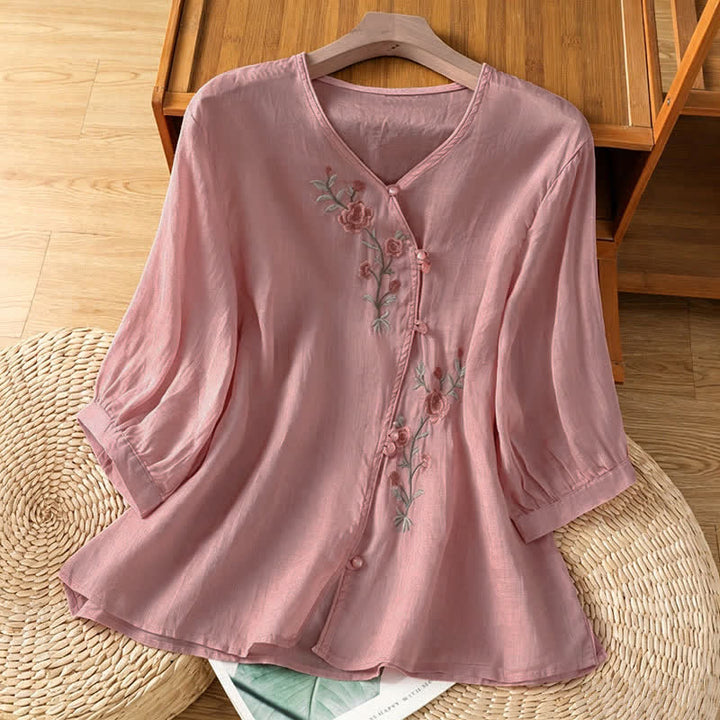 Buddha Stones Summer Tang Style Vintage Embroidery Floral Women's Elbow-Length Sleeve Shirts - LightPink - US8-10, UK/AU12-14, EU40-42 (2XL) - image 8
