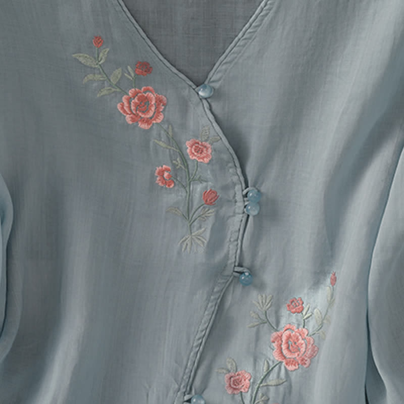 Buddha Stones Summer Tang Style Vintage Embroidery Floral Women's Elbow-Length Sleeve Shirts - image 2