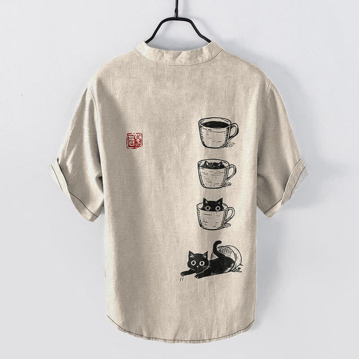 Buddha Stones Cotton Stacked Cups Cat Pattern Men's Short Sleeve Half Button Shirt - image 1