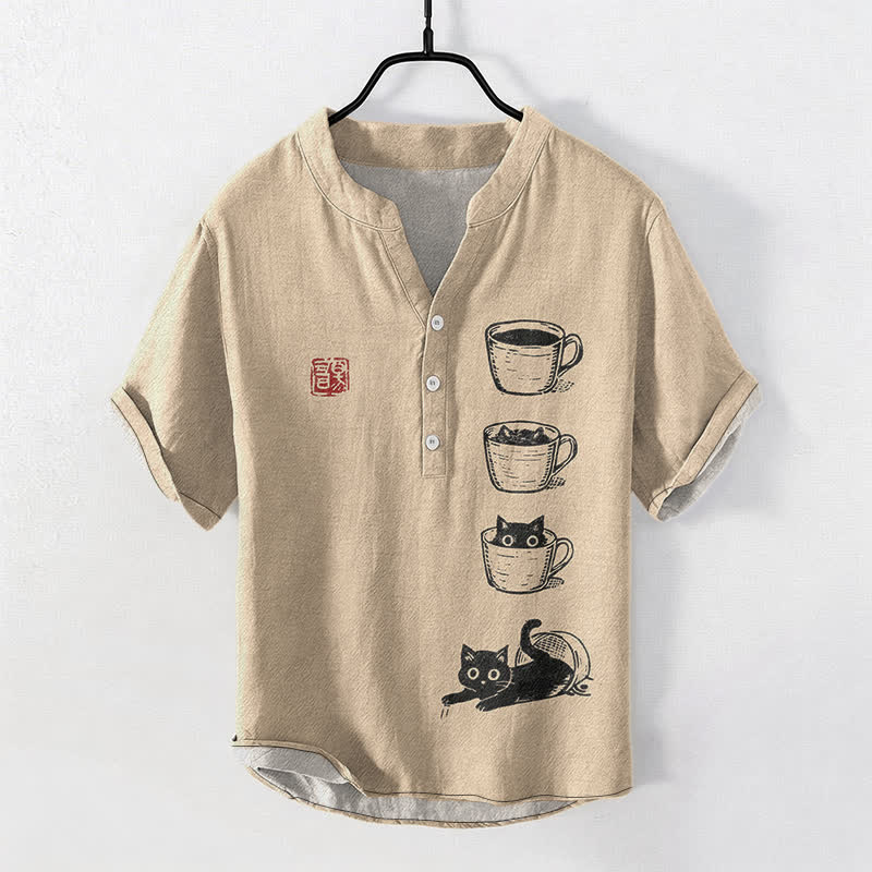 Buddha Stones Cotton Stacked Cups Cat Pattern Men's Short Sleeve Half Button Shirt - Tan - US/UK/AU50，EU60 (5XL) - image 5