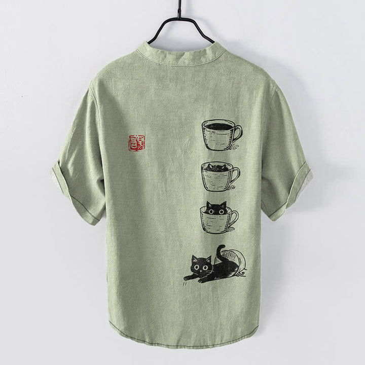 Buddha Stones Cotton Stacked Cups Cat Pattern Men's Short Sleeve Half Button Shirt - image 8