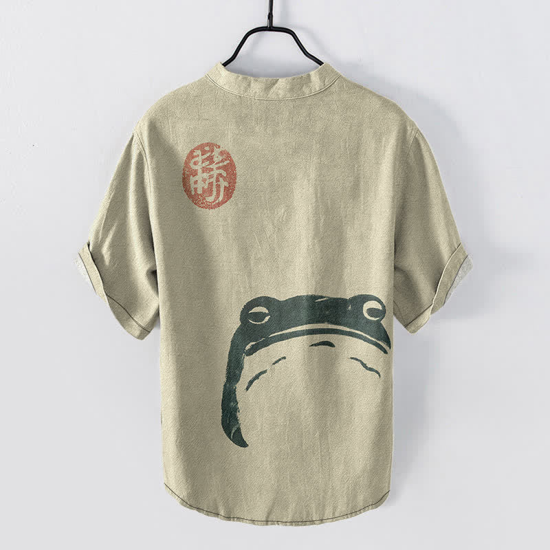 Buddha Stones Cotton Vintage Frog Seal Pattern Men's Short Sleeve Half Button Shirt - image 1