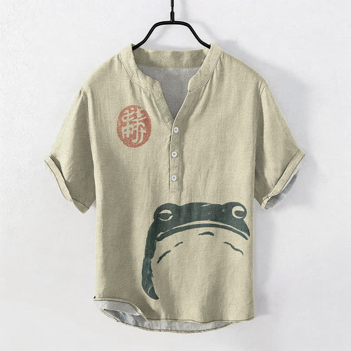 Buddha Stones Cotton Vintage Frog Seal Pattern Men's Short Sleeve Half Button Shirt - Beige - US/UK/AU50，EU60 (5XL) - image 0