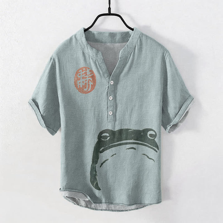 Buddha Stones Cotton Vintage Frog Seal Pattern Men's Short Sleeve Half Button Shirt - CadetBlue - US/UK/AU50，EU60 (5XL) - image 7