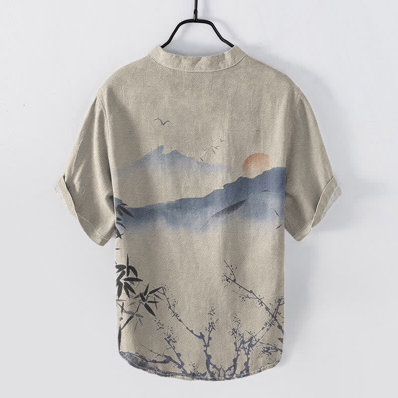 Buddha Stones Cotton Ink Mountain Sun Pattern Men's Short Sleeve Half Button Shirt - image 4