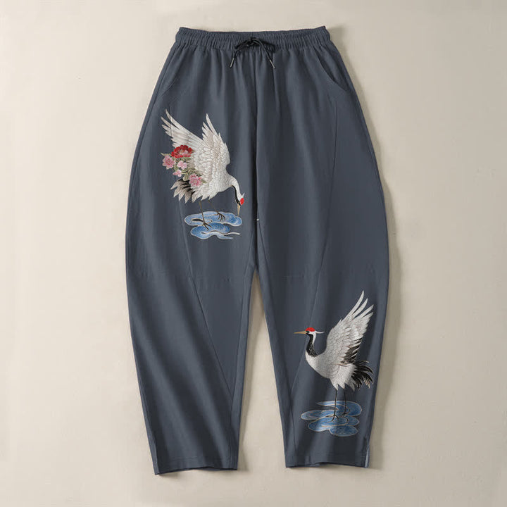 Buddha Stones Pure Cotton Red Crown Crane Pattern Drawstring Men's Tapered Pants With Pockets - image 2