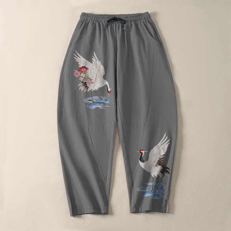 Buddha Stones Pure Cotton Red Crown Crane Pattern Drawstring Men's Tapered Pants With Pockets - image 9