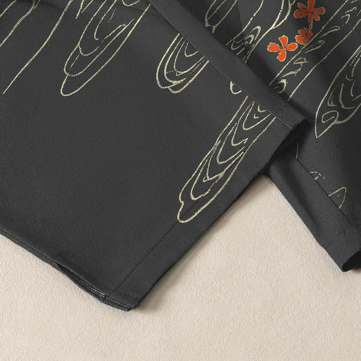 Buddha Stones Pure Cotton Crane Bamboo Wave Pattern Drawstring Men's Tapered Pants With Pockets - image 5