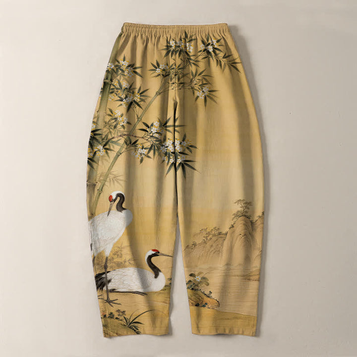 Buddha Stones Pure Cotton Crane Bamboo Landscape Pattern Drawstring Men's Tapered Pants With Pockets - image 3