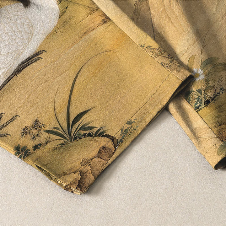 Buddha Stones Pure Cotton Crane Bamboo Landscape Pattern Drawstring Men's Tapered Pants With Pockets - image 5