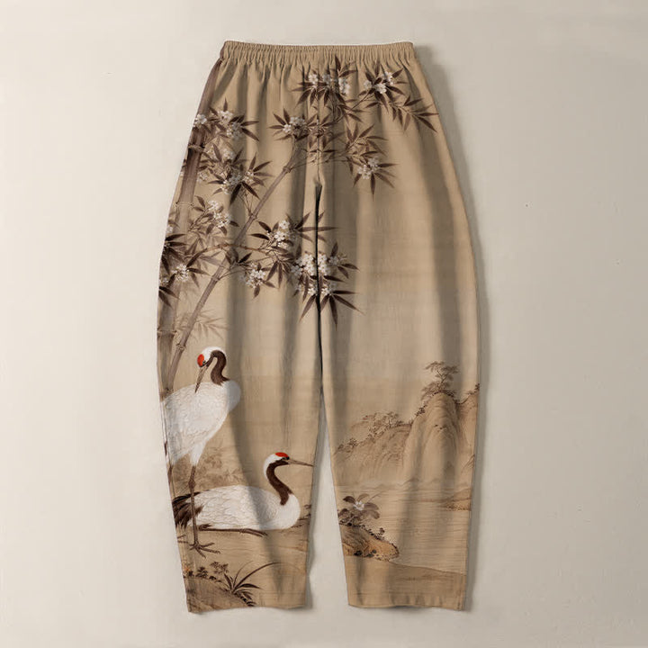 Buddha Stones Pure Cotton Crane Bamboo Landscape Pattern Drawstring Men's Tapered Pants With Pockets - image 10