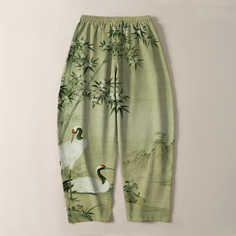 Buddha Stones Pure Cotton Crane Bamboo Landscape Pattern Drawstring Men's Tapered Pants With Pockets - image 14