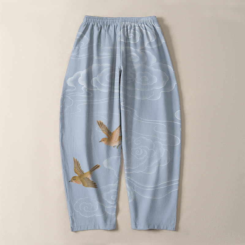Buddha Stones Pure Cotton Auspicious Cloud Bird Pattern Drawstring Men's Tapered Pants With Pockets - image 10