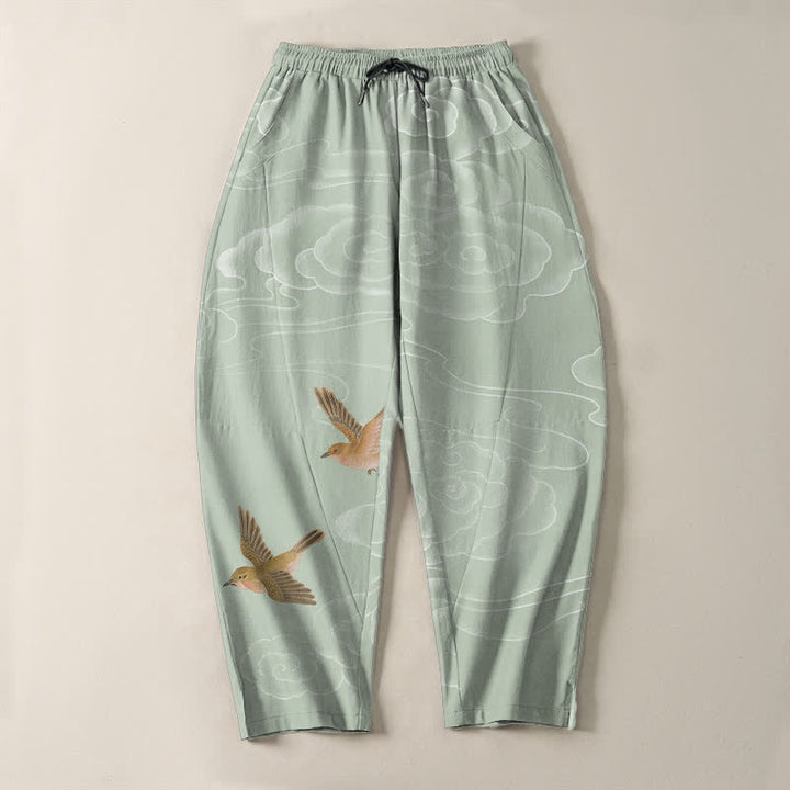 Buddha Stones Pure Cotton Auspicious Cloud Bird Pattern Drawstring Men's Tapered Pants With Pockets - image 13