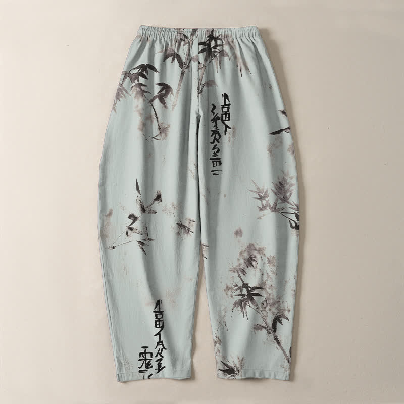 Buddha Stones Pure Cotton Ink Bamboo Calligraphy Pattern Drawstring Men's Tapered Pants With Pockets - image 14