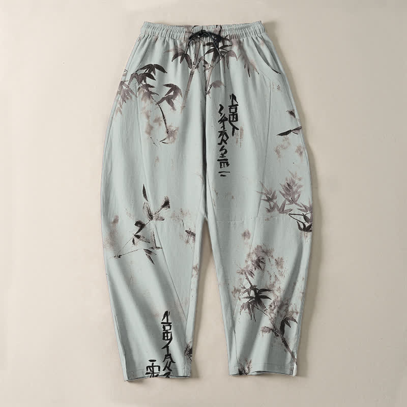 Buddha Stones Pure Cotton Ink Bamboo Calligraphy Pattern Drawstring Men's Tapered Pants With Pockets - image 13
