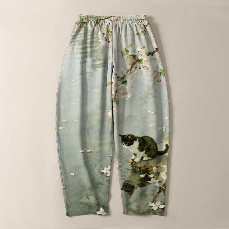 Buddha Stones Pure Cotton Sakura Cat Water Reflection Pattern Drawstring Men's Tapered Pants With Pockets - image 10